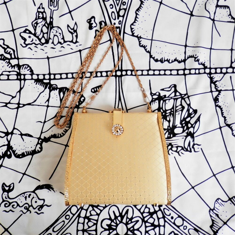 Elegant Vintage Gold Satin Hard Shell Handbag with Jewel Accents